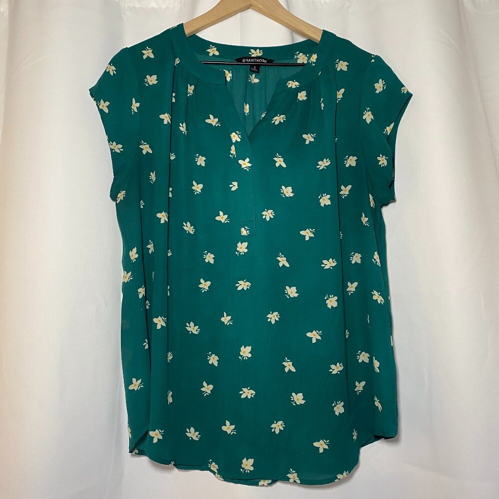 41 Hawthorn Hope Split Neck Blouse Womens L Teal Green Floral Curved Hem EUC